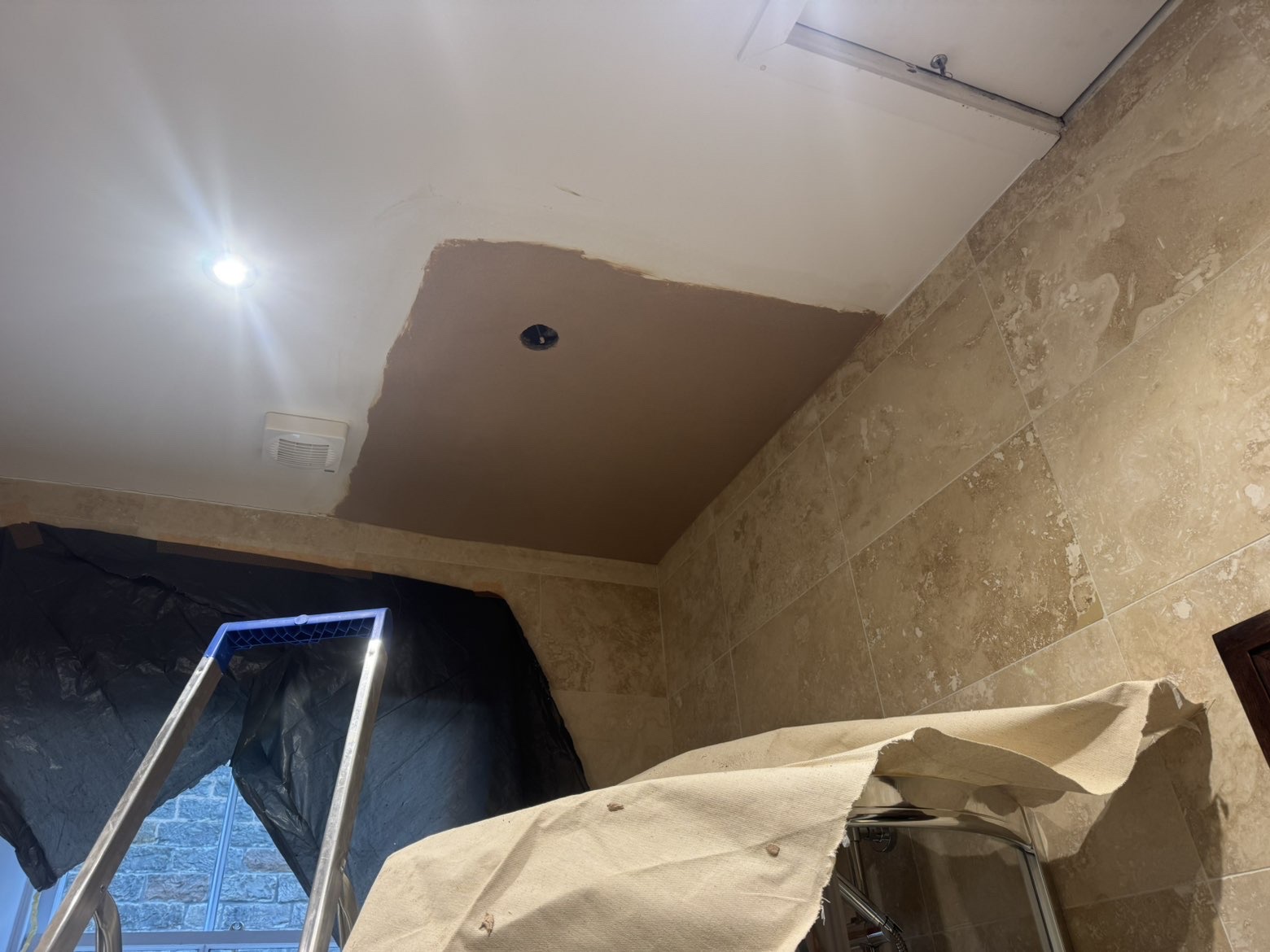 Bathroom ceiling patch repair, blended into existing finish